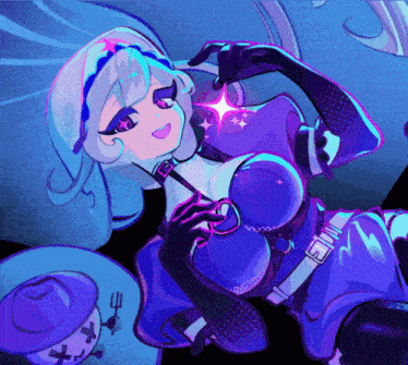 a cartoon drawing of a girl in a purple outfit with a glowing star on her chest