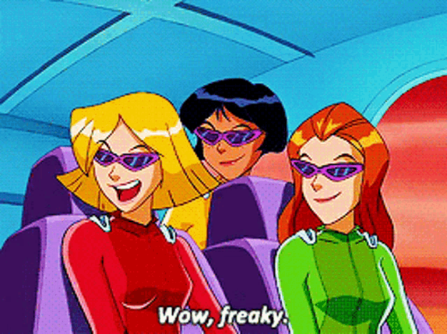 three cartoon girls wearing sunglasses are sitting on a plane and one of them is saying wow freaky