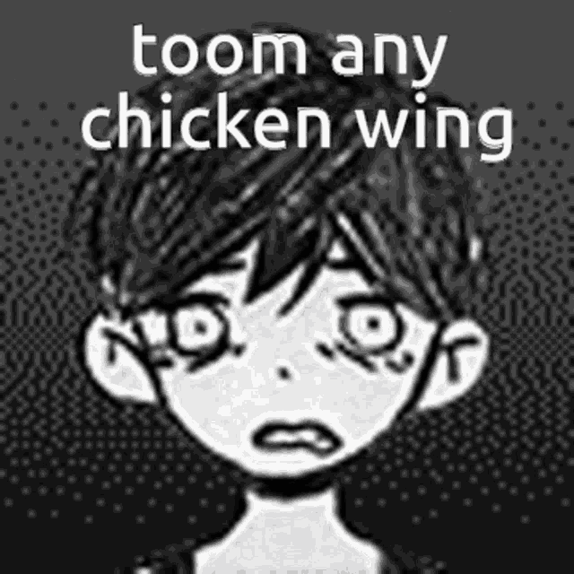 a black and white drawing of a boy with the words toom any chicken wing on it .