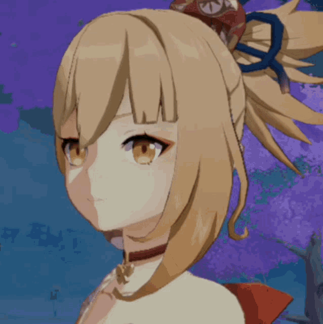 a close up of a girl 's face with a ponytail in her hair