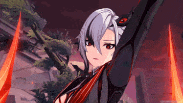 a video game character with a red eye and a black and red outfit