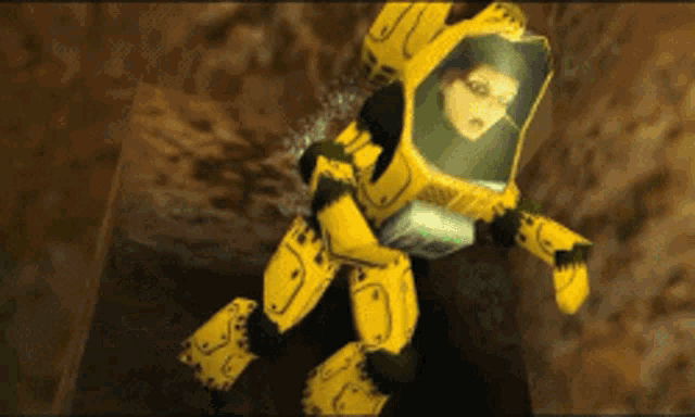 a cartoon character in a yellow suit with a green helmet