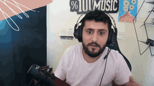 a man wearing headphones is sitting in front of a sign that says % 10 music