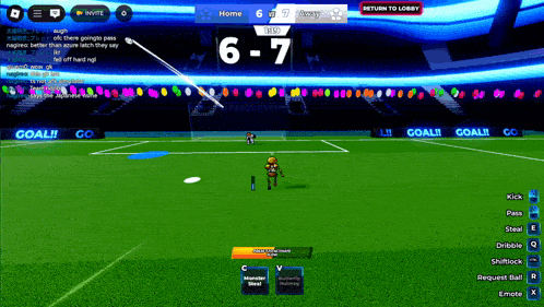 a soccer game is being played with a score of 6 to 7