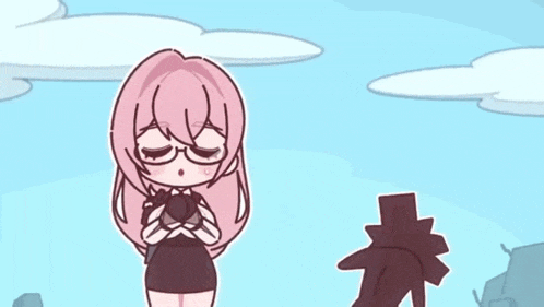 a cartoon of a girl with pink hair and glasses holding a heart .