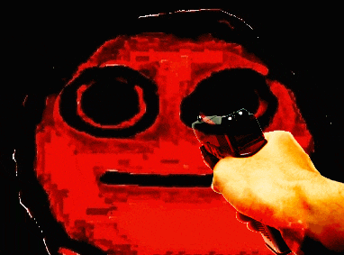 a hand is holding a gun in front of a red face with big eyes