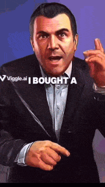 a man in a suit and tie is pointing at something with the words " i bought a " behind him