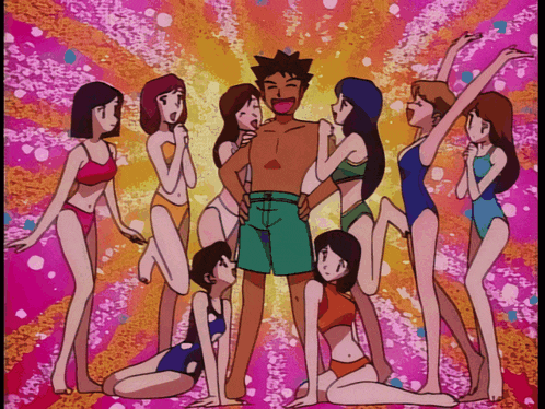 a group of anime girls are posing for a picture with a man
