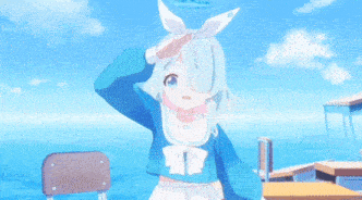 a girl in a blue shirt and white skirt is dancing in front of the ocean .
