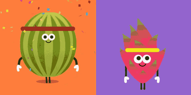 a watermelon and a dragon fruit are standing next to each other
