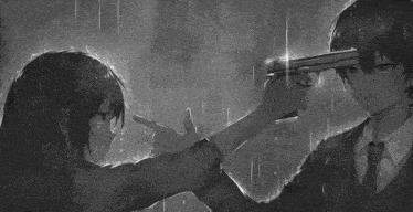 a man is pointing a gun at a woman 's head in the rain .