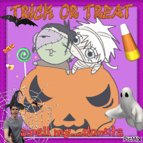 a trick or treat greeting card with a pumpkin and ghosts
