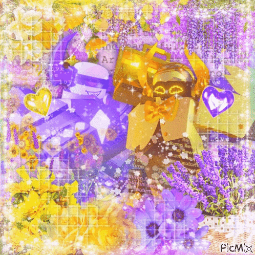 a collage of purple and yellow flowers with a picture of a man in a bow tie