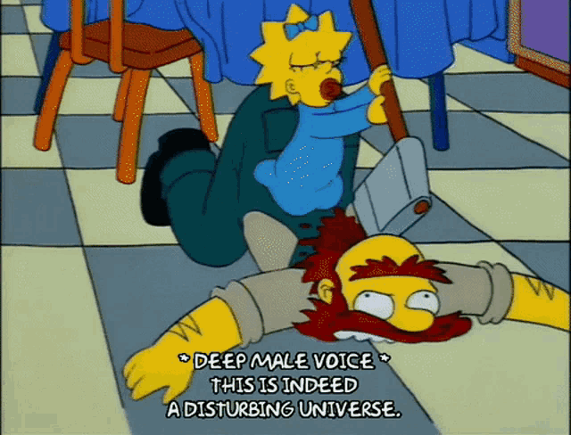 a cartoon of maggie simpson laying on a man 's head