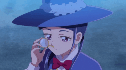 a girl in a blue hat and bow tie holds a magnifying glass