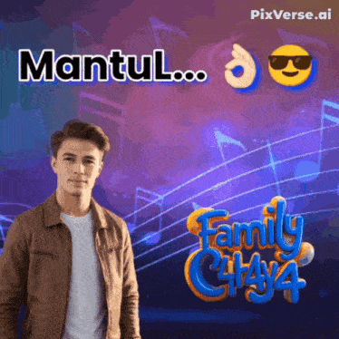 a man in a brown jacket stands in front of a family guy 4 poster
