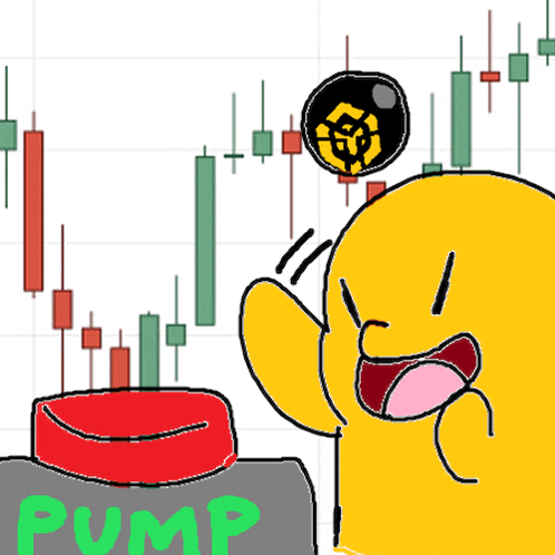 a cartoon of a yellow duck pressing a red button with the word pump on it