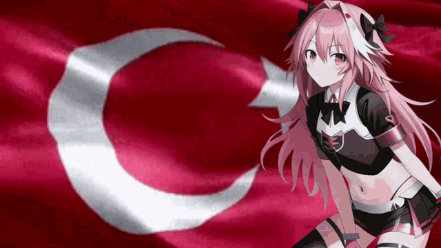 a girl with pink hair is standing in front of a crescent moon on a red background