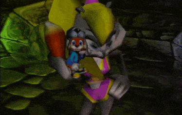 a video game character is holding a squirrel in his arms