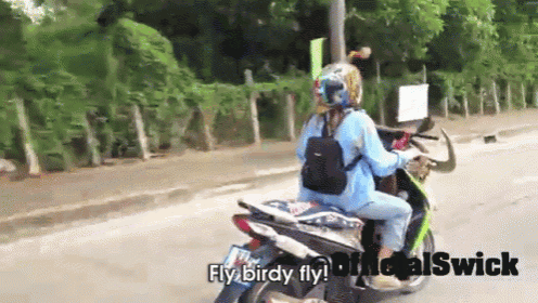 a person on a motorcycle with the words fly birdy fly on the bottom