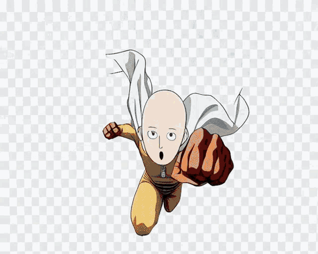 a cartoon character with a bald head and red fists is flying in the air