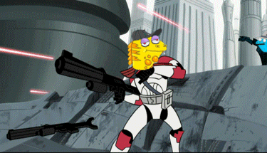 a cartoon character is holding a gun with a yellow head