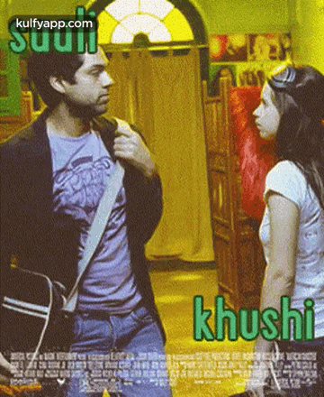 a man and a woman are standing next to each other in a room with the word khushi written on the bottom .