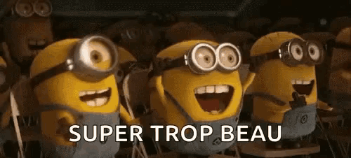 a group of minions wearing goggles are standing next to each other and laughing .