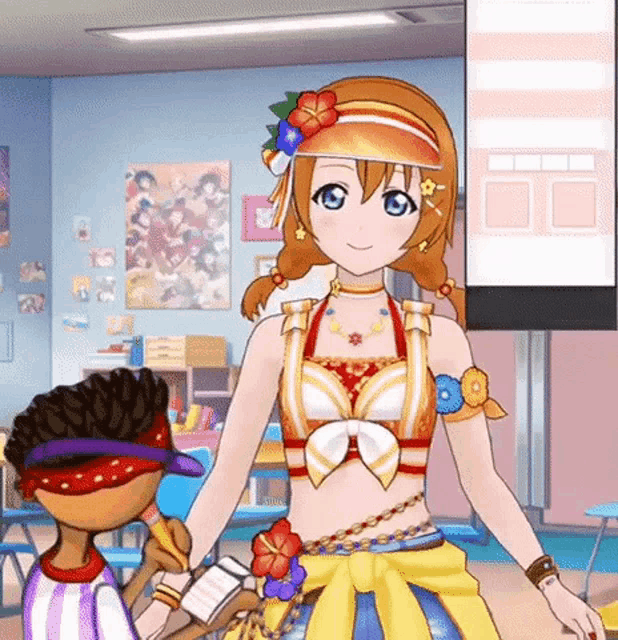 a girl in a bikini is standing next to a blindfolded boy in a classroom .