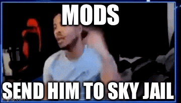 a man in a blue shirt is sitting in front of a screen with the words `` mods send him to sky jail '' .