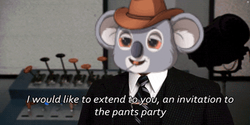 a koala wearing a cowboy hat and a suit says i would like to extend to you an invitation to the pants party