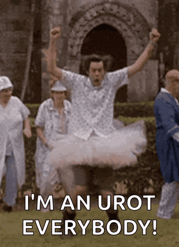 a man in a tutu is jumping in the air with the words i 'm an urot everybody behind him
