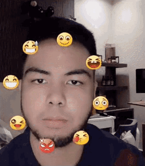 a man with a beard has a bunch of smiley faces around his face
