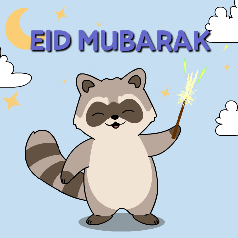 a raccoon holding a sparkler with the words eid mubarak behind him