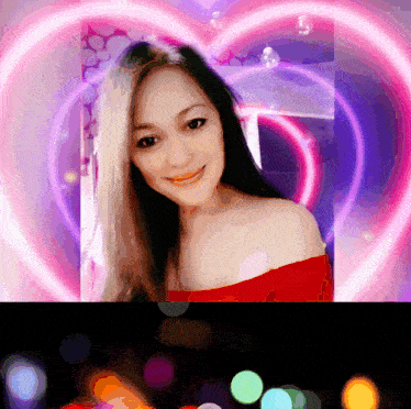 a woman in a red top is surrounded by pink and purple hearts