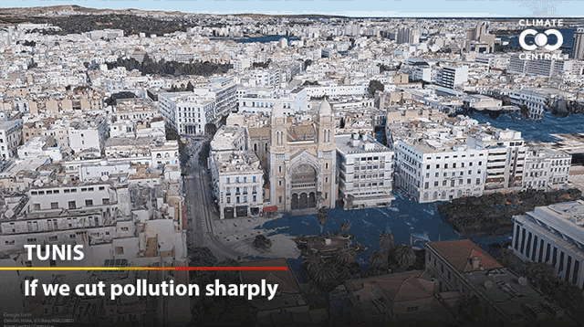an aerial view of a city with the words " if we cut pollution sharply " on the bottom
