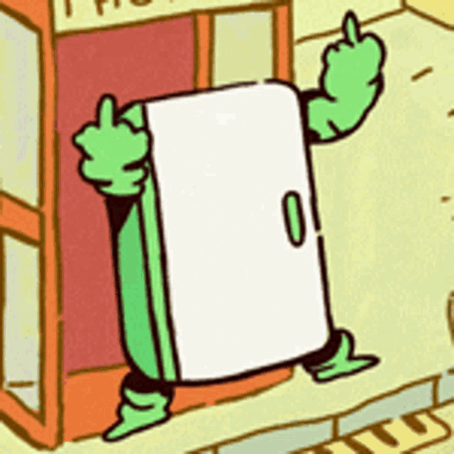 a cartoon character is holding a door and giving a middle finger