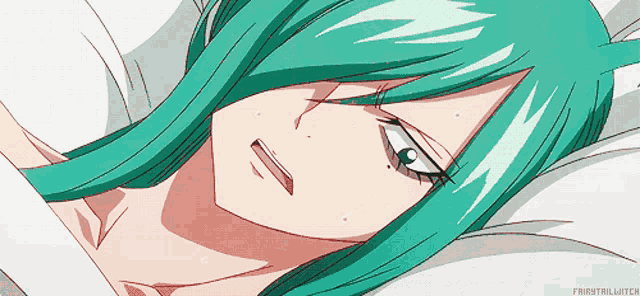 a drawing of a girl with green hair has the hashtag firsttailwitch on the bottom