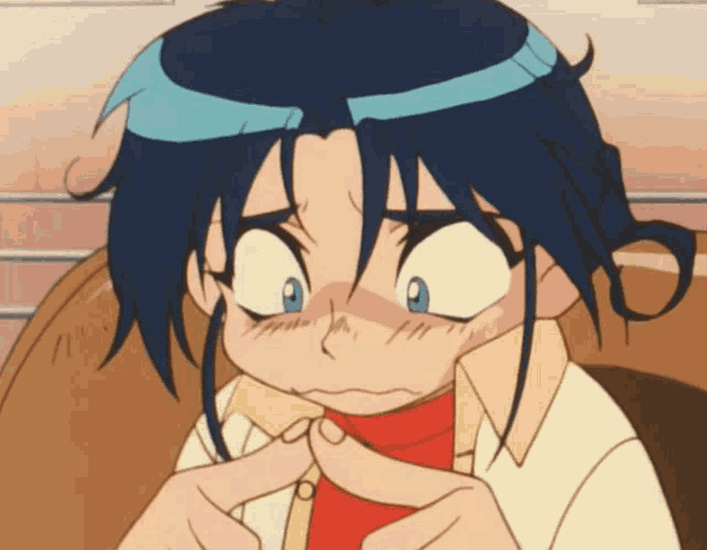 a cartoon character with blue hair and blue eyes making a funny face