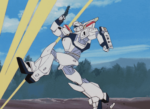 a robot is holding a gun and has the letter g on its arm