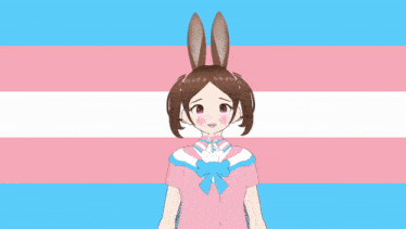 a girl with pigtails and bunny ears stands in front of a pink and blue flag