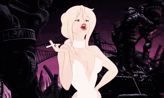 a woman in a white dress is smoking a cigarette in a cartoon scene