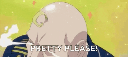 a bald man is holding his fist up in the air and says `` pretty please '' .