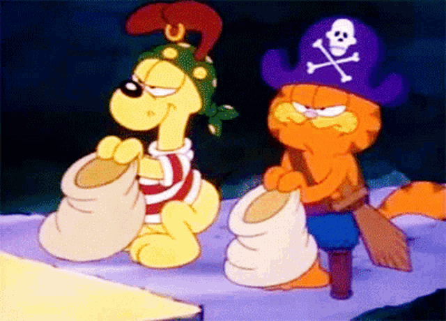 garfield is dressed as a pirate and is holding a bag