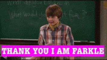 a boy standing in front of a blackboard with the words thank you i am farkle written on it