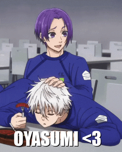 a man with purple hair is putting a sausage on another man 's head with the words oyasumi < 3 below him