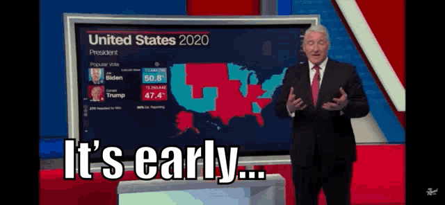 a man in a suit and tie stands in front of a screen that says united states 2020