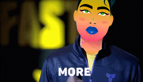 a drawing of a woman wearing a blue jacket with the word more on it