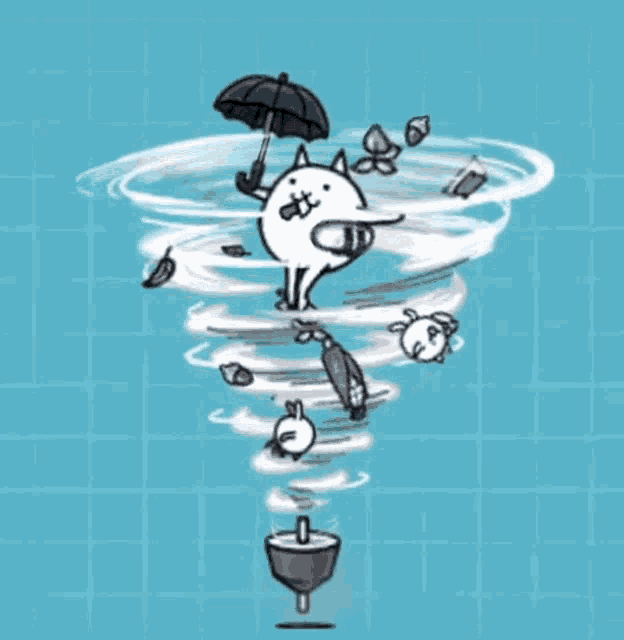 a cartoon cat is holding an umbrella and standing in a tornado .