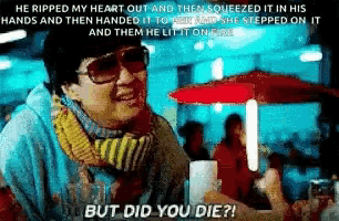 a woman wearing sunglasses and a scarf says " but did you die " in a pixelated image